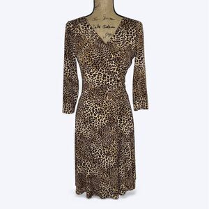 Leopard Animal Print Faux Wrap Midi Dress‎ Runched Waist Office Mob Wife Sz M?